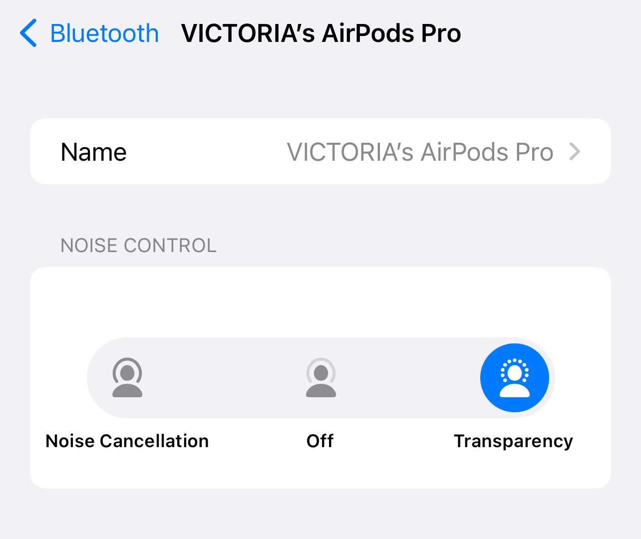 Noise control settings for AirPods on an iPhone